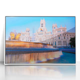 Acrylic print of Madrid skyline in art deco style with muted color palette, ideal for modern art wall decor.