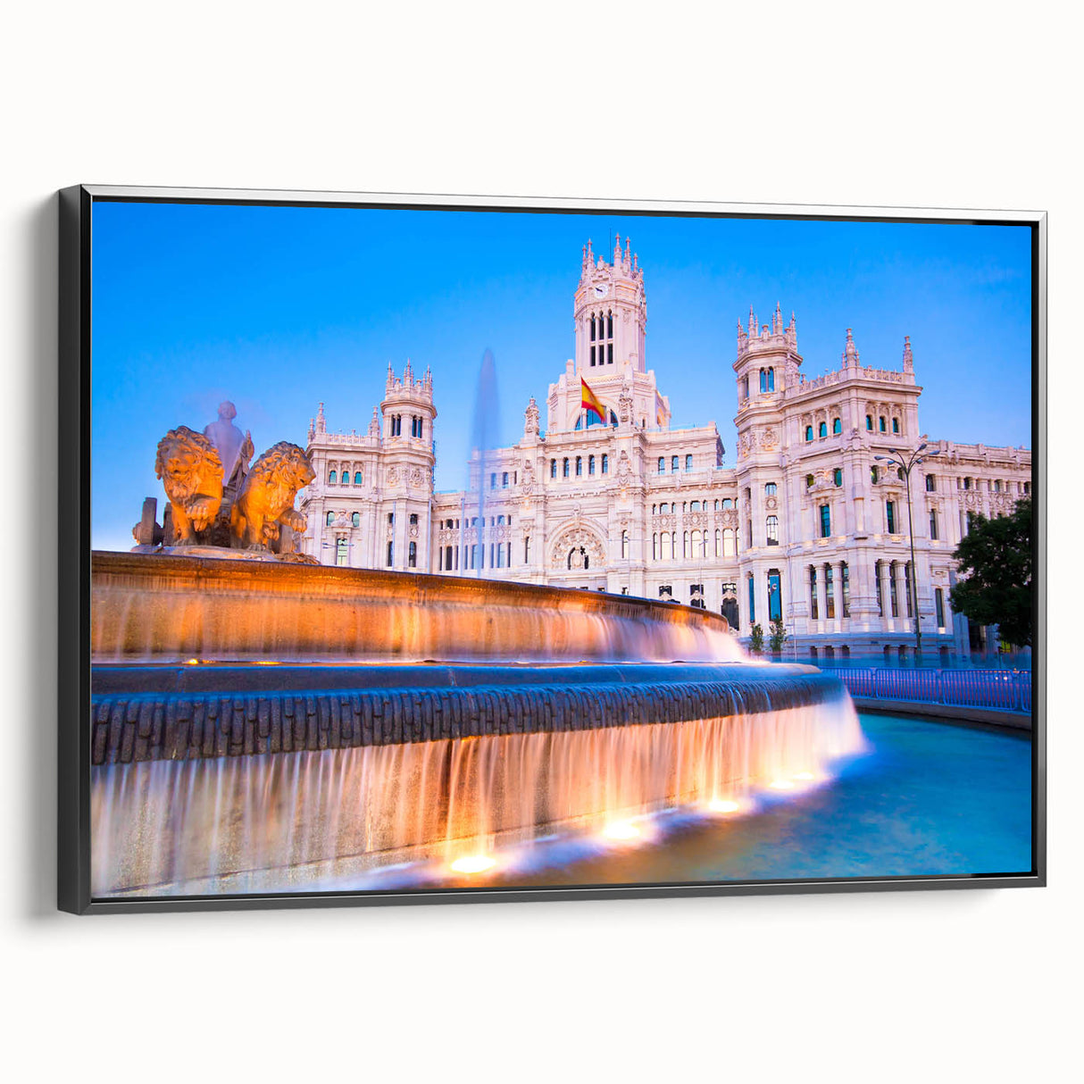 Black and white landscape art painting of Madrid, framed canvas, ideal for bedroom decor.