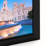 Extra large framed canvas of a textured Madrid cityscape in black with colorful accents, ideal for living room decor.