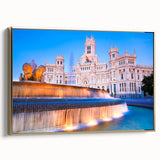Framed canvas of a vintage-style Madrid landscape in black and gold tones, ideal for bedroom wall art.