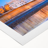 Art deco poster of Madrid skyline in muted earth tones on rolled canvas, suitable for dining room decor.