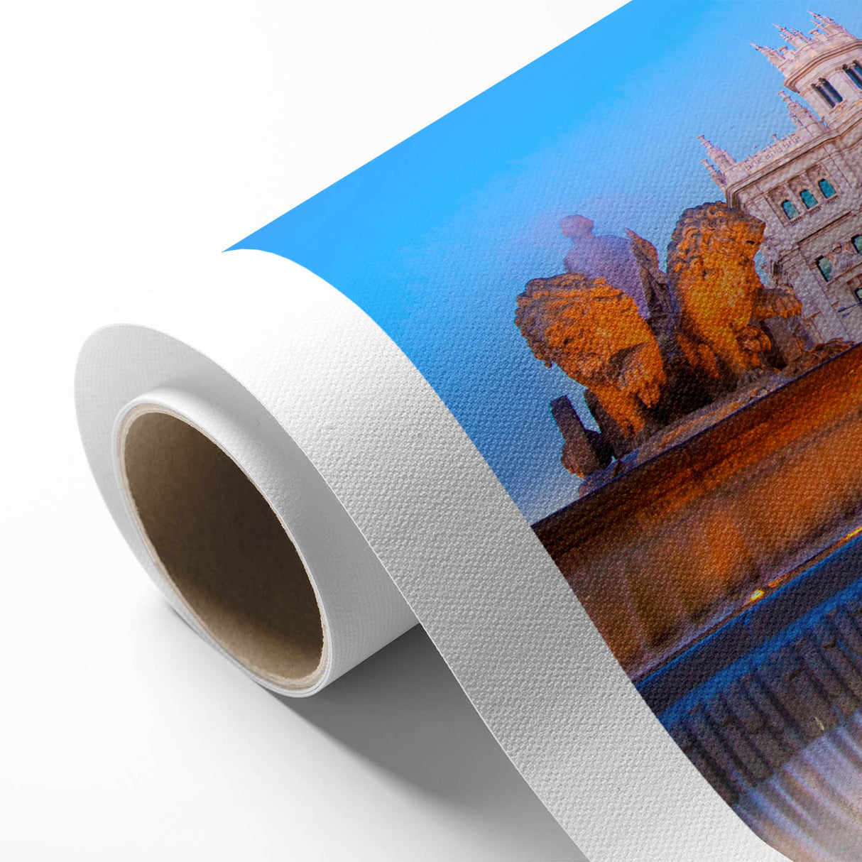Art Deco style poster of Madrid skyline in muted gold and blue tones on rolled canvas, ideal for nursery wall art.