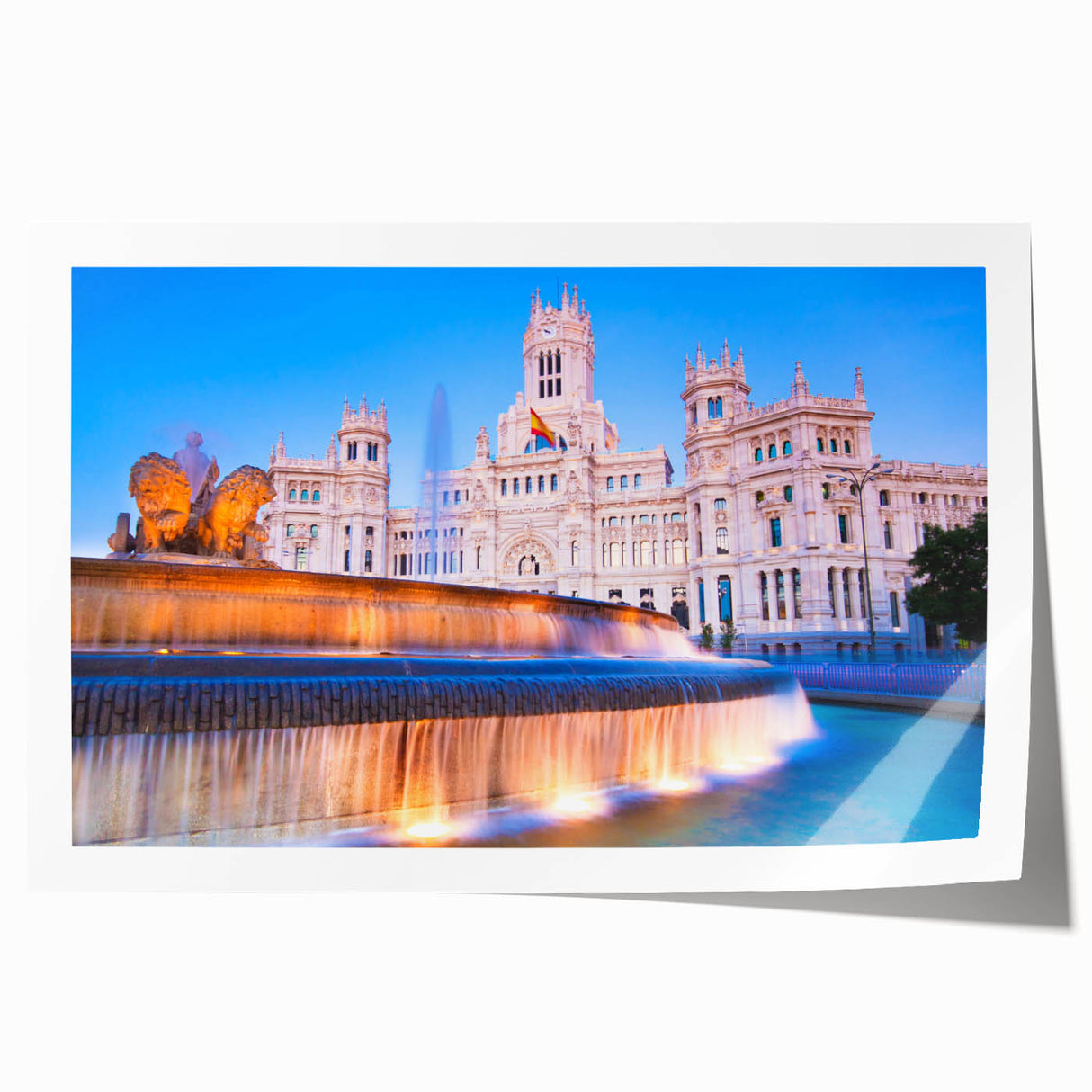 Extra large rolled print of Madrid cityscape with floral elements in vibrant colors, ideal for art wall dining room.