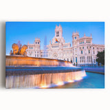 Black and white large art print of Madrid's cityscape on stretched canvas, suitable for kitchen wall art.