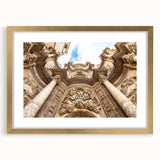 Extra large abstract art print of Valencia scenery in textured tones, framed in gold, ideal for living room decor.