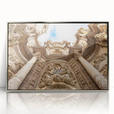 Mid-century modernist art of Valencia scenery in muted earth tones on a silver-framed acrylic.