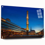 Acrylic print of Stockholm skyline in muted blue and gray tones, suitable for bedroom or dining room decor.