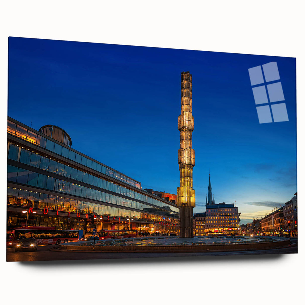 Side view of a large abstract depiction of Stockholm on acrylic glass, with vibrant blue and yellow tones.