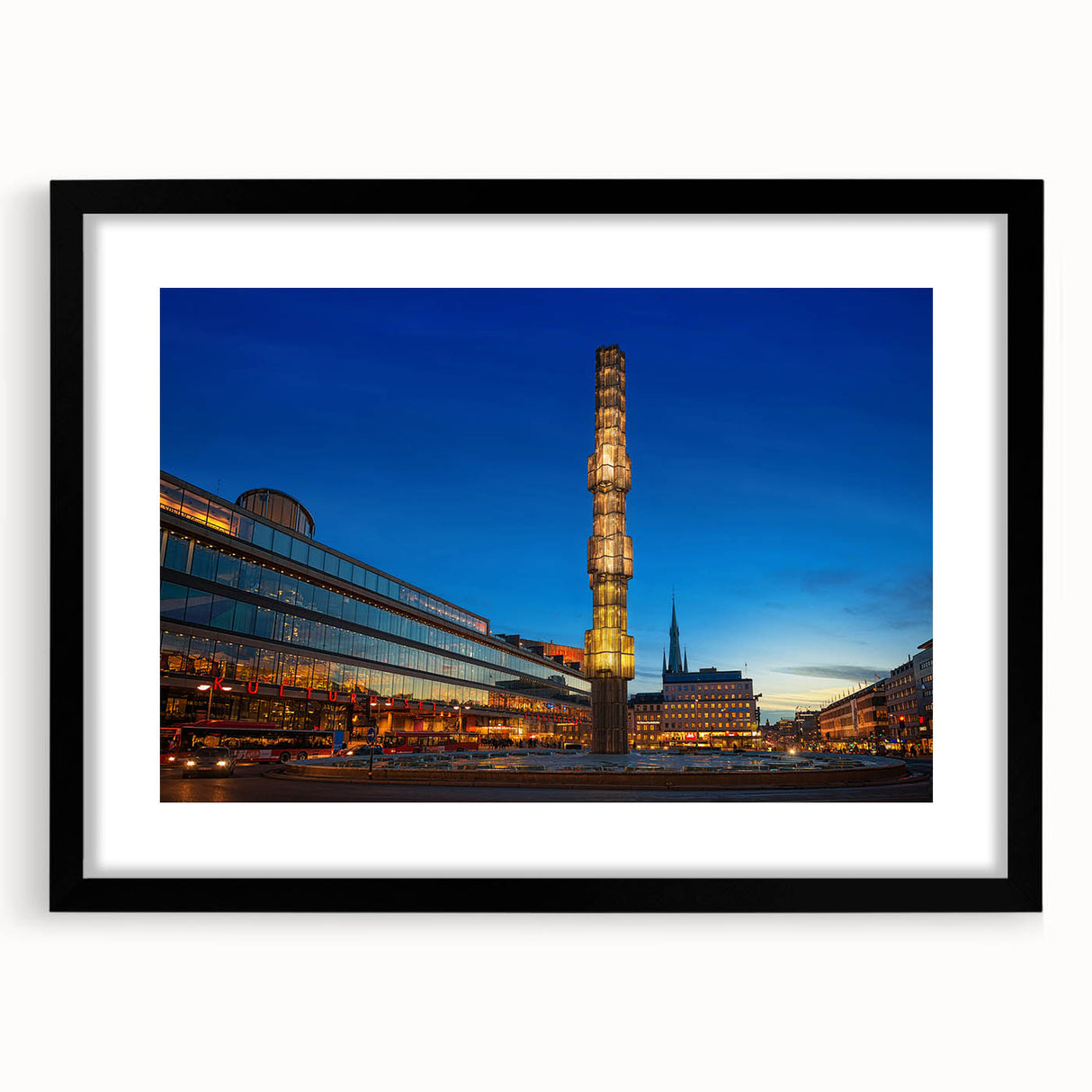 Colorful abstract art print of Stockholm scenery on a large textured canvas with a black frame, ideal for living room decor.