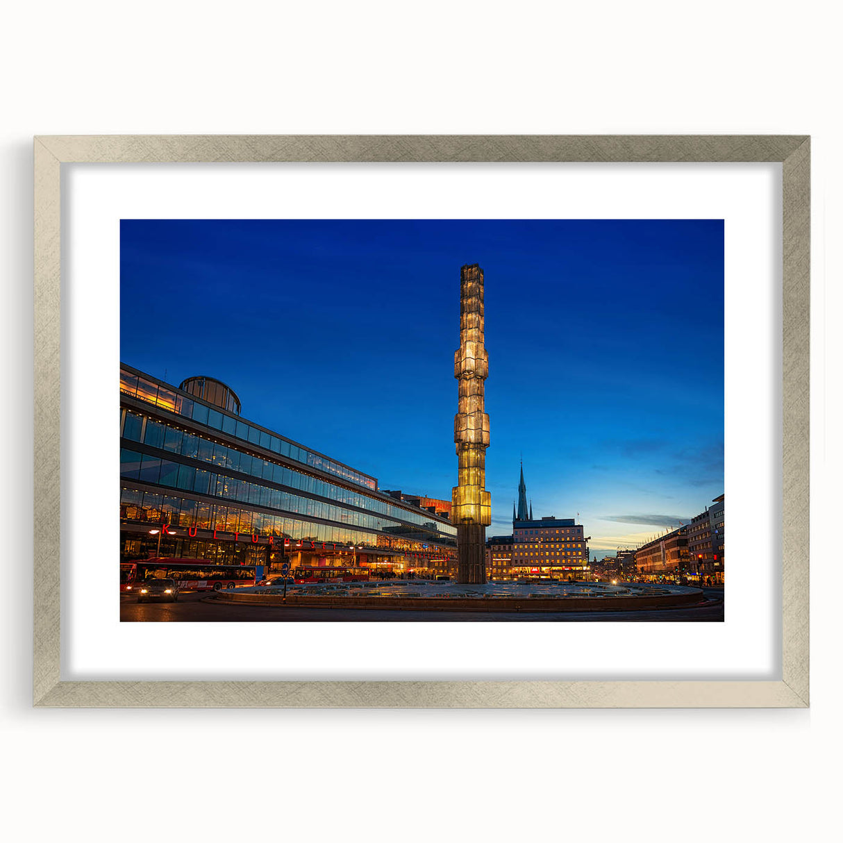 Abstract textured art print of Stockholm skyline in muted gray and blue tones on framed canvas, suitable for bedroom art.
