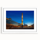 Abstract art print of Stockholm scenery in muted blue and gray tones on a framed white mat, suitable for dining room decor.