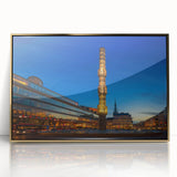 Acrylic print of Stockholm scenery in mid-century modernist style, featuring muted gold and blue tones.