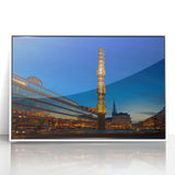 Art deco poster of Stockholm scenery with muted blue and white tones on framed acrylic, ideal for modern nursery wall decor.