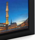 Framed canvas of a textured Stockholm cityscape in black with colorful accents, suitable for large living room walls.