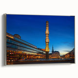 Framed canvas of a vintage Stockholm landscape in black with colorful accents, ideal for living room decor.