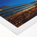 Art deco poster of Stockholm skyline in muted blue and gray tones on rolled canvas, suitable for dining room wall art.