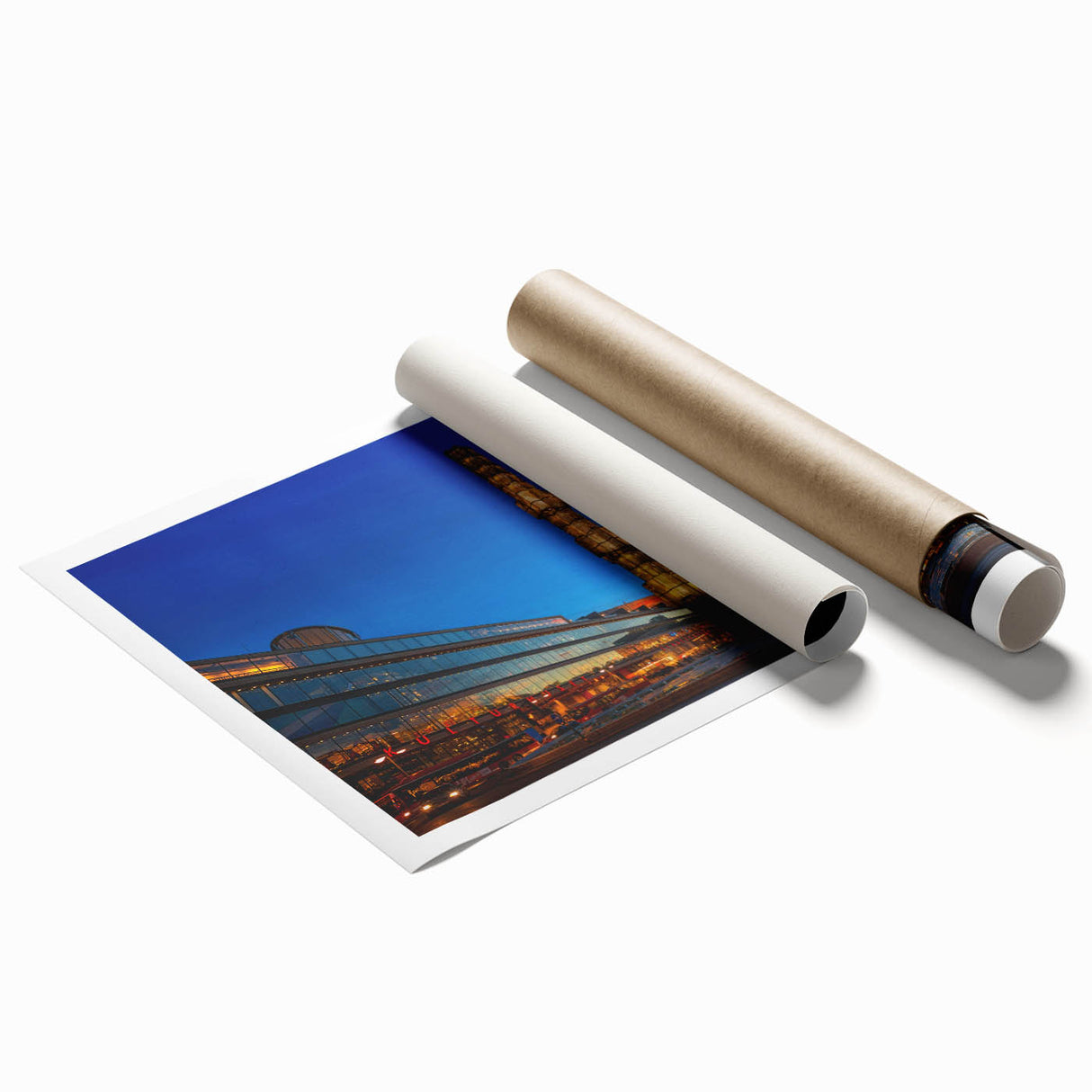 Extra large rolled print of Stockholm scenery with muted blue and green tones, ideal for classy bathroom wall art.