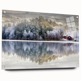 Acrylic print of a serene Swedish landscape in soft blues and greens, suitable for bedroom or dining room decor.