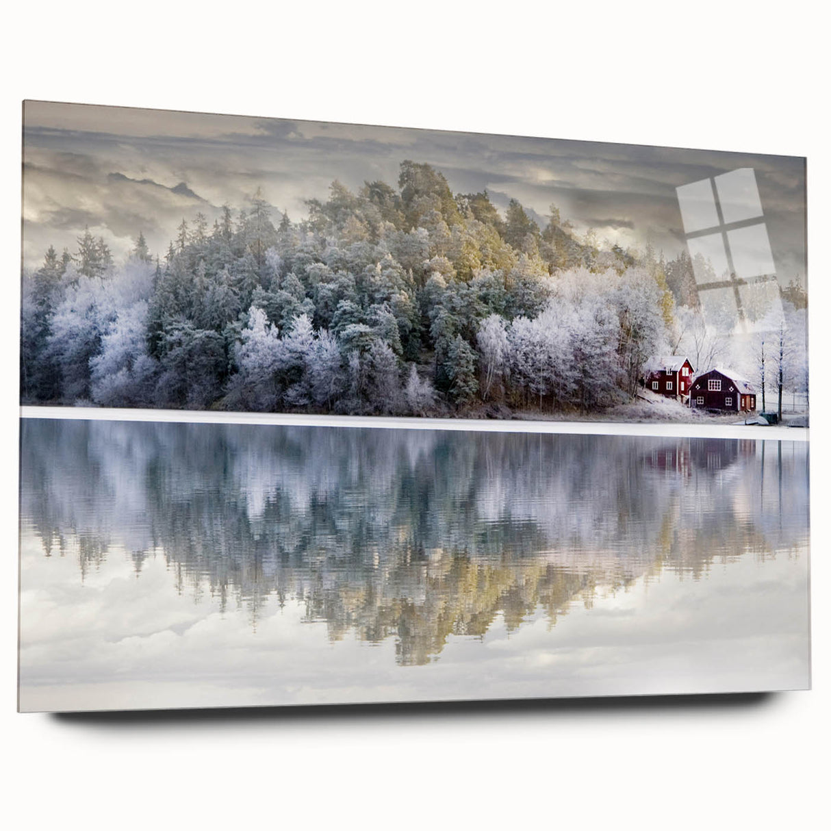 Large abstract wall art of a serene Swedish landscape in muted blues and greens on acrylic glass.