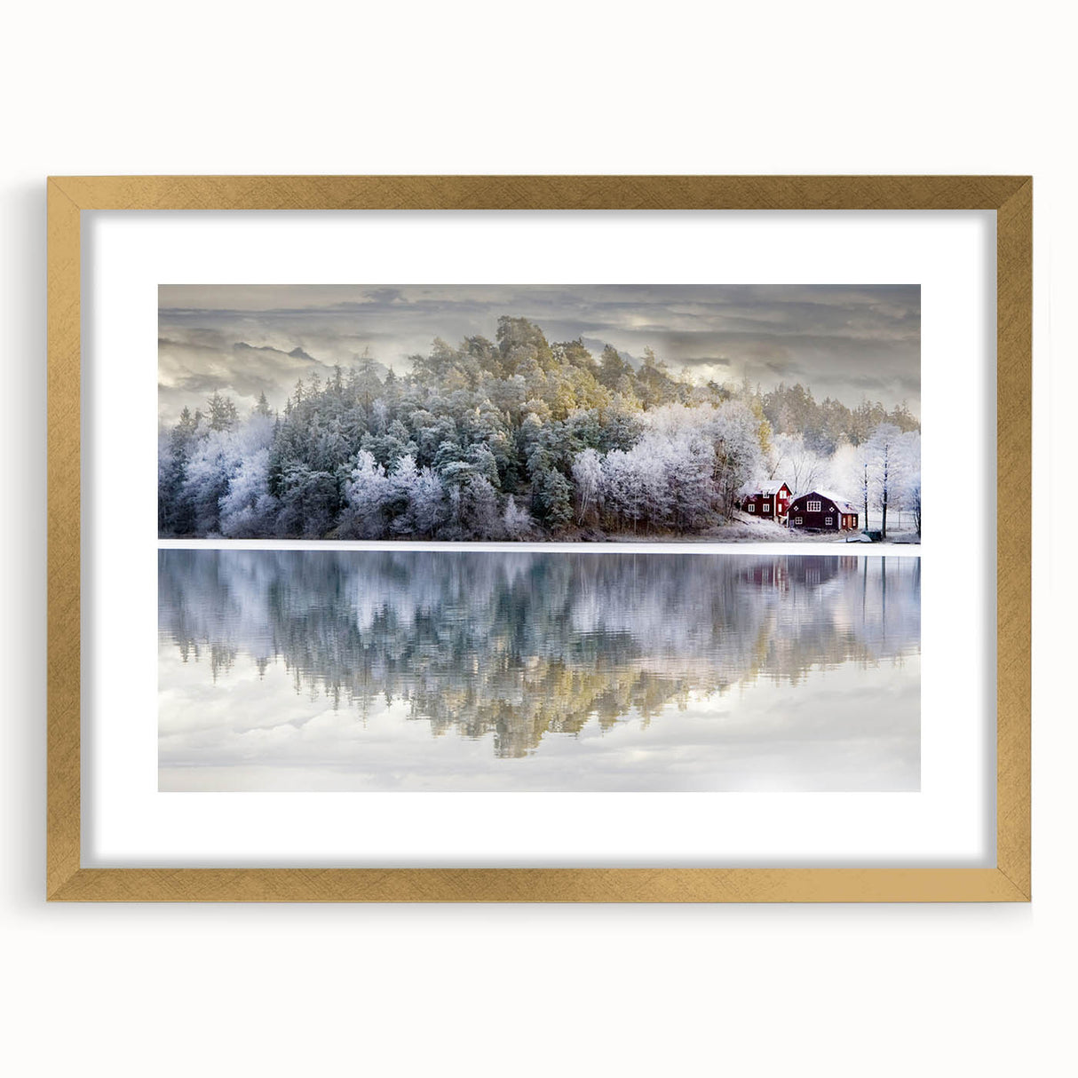 Extra large abstract art print of a textured European scenery in muted earth tones, framed in gold.