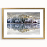 Extra large abstract art print of a textured European scenery in muted earth tones, framed in gold.