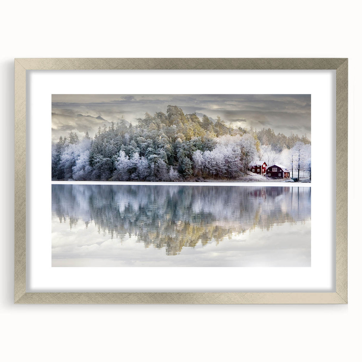 Textured abstract art print of a serene Swedish landscape in cool blue tones, framed with a silver mat.
