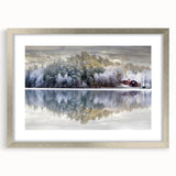 Textured abstract art print of a serene Swedish landscape in cool blue tones, framed with a silver mat.