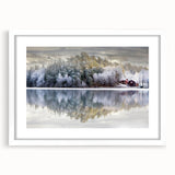 Abstract art print of a European landscape in muted blue and green tones on a white framed canvas.