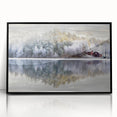 Large abstract wall art depicting a serene Swedish landscape in muted green and blue tones, framed in black acrylic.