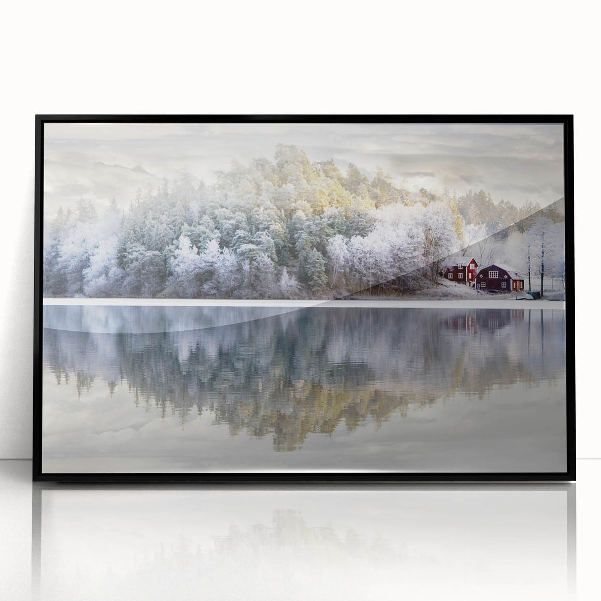 Large abstract wall art depicting a serene Swedish landscape in muted green and blue tones, framed in black acrylic.
