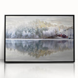 Large abstract wall art depicting a serene Swedish landscape in muted green and blue tones, framed in black acrylic.