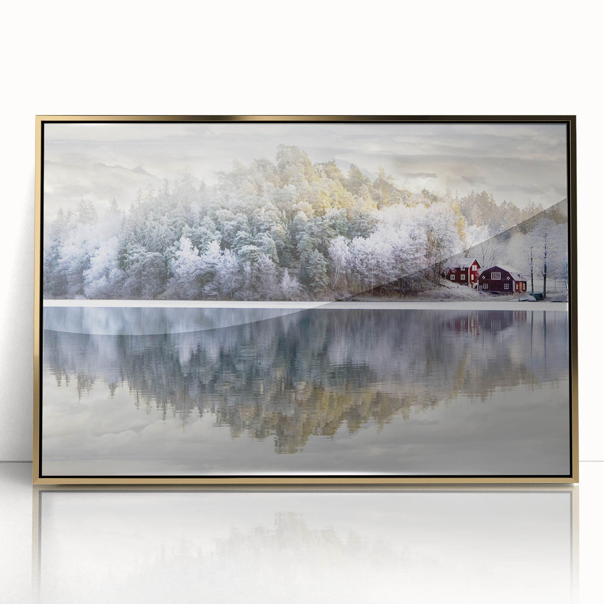 Large art print of a serene Swedish landscape in muted green and blue tones, framed in gold acrylic.