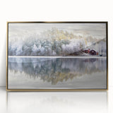 Large art print of a serene Swedish landscape in muted green and blue tones, framed in gold acrylic.