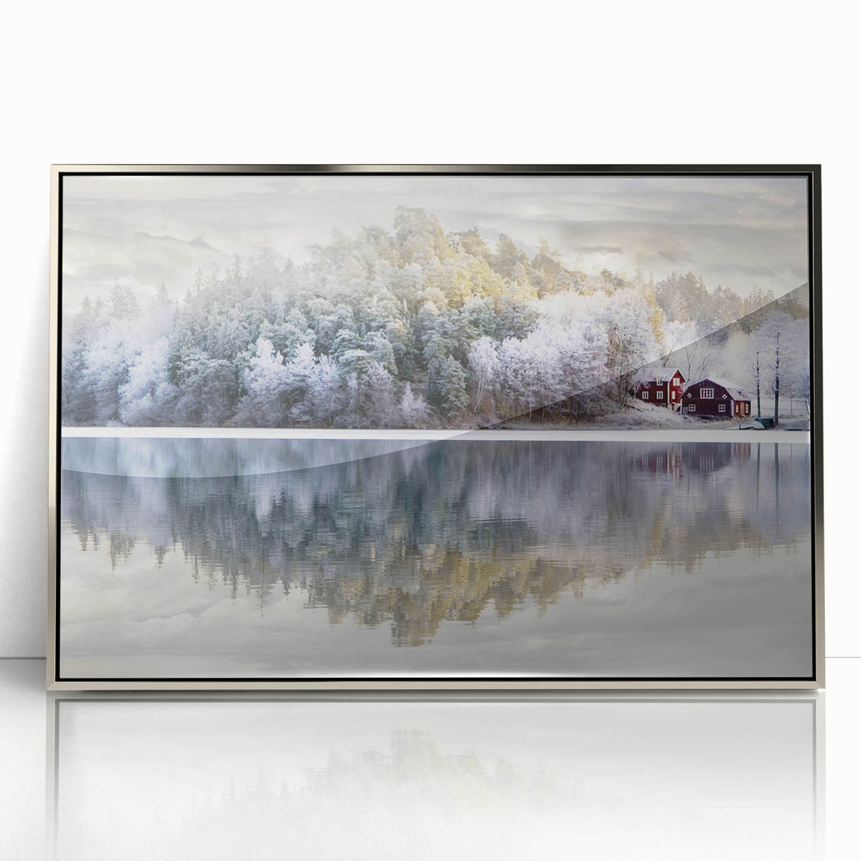 Mid-century modernist art of a serene Swedish landscape, in muted greens and blues, acrylic print framed in silver.