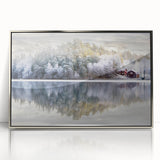 Mid-century modernist art of a serene Swedish landscape, in muted greens and blues, acrylic print framed in silver.