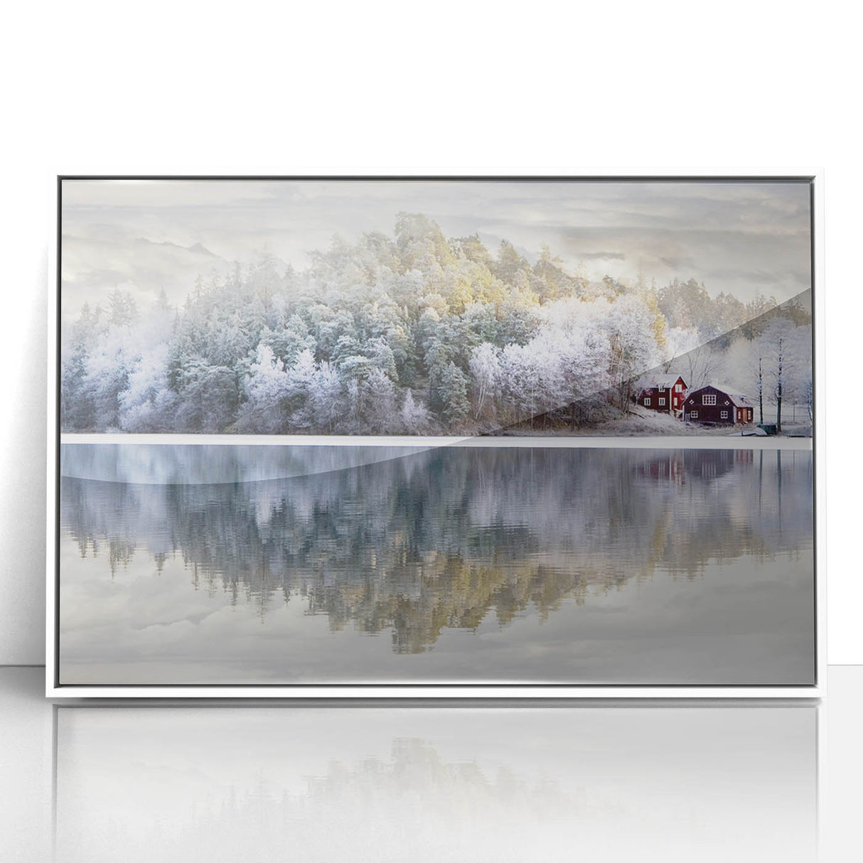 Art Deco poster of a serene Swedish landscape in muted green and blue tones, acrylic framed, ideal for nursery wall decor.