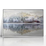 Art Deco poster of a serene Swedish landscape in muted green and blue tones, acrylic framed, ideal for nursery wall decor.