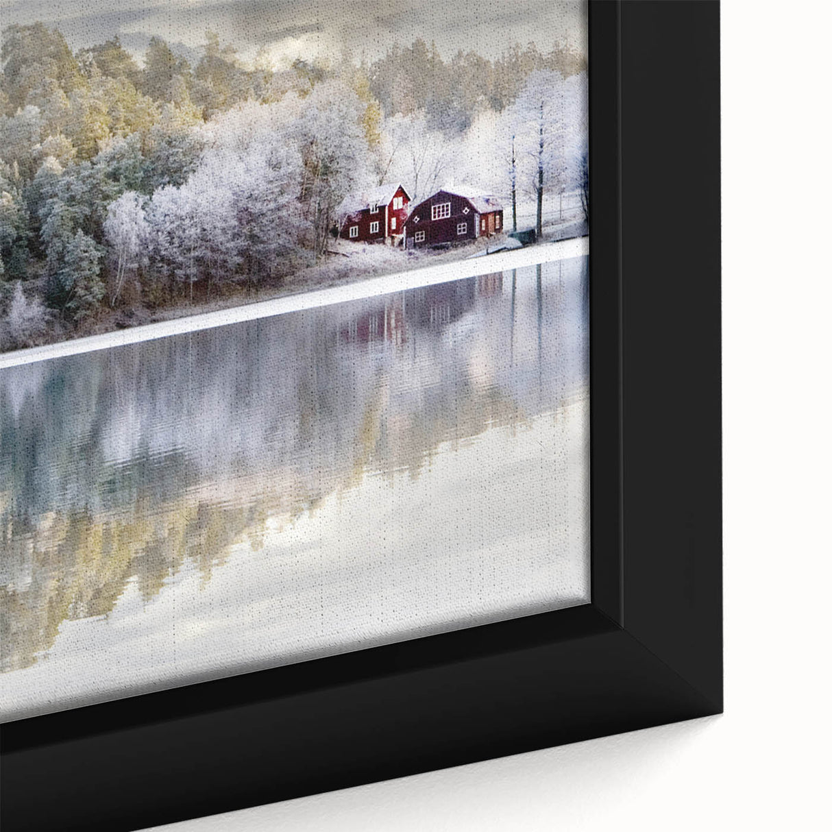 Extra large framed canvas featuring a textured depiction of a Swedish landscape in black with colorful accents.