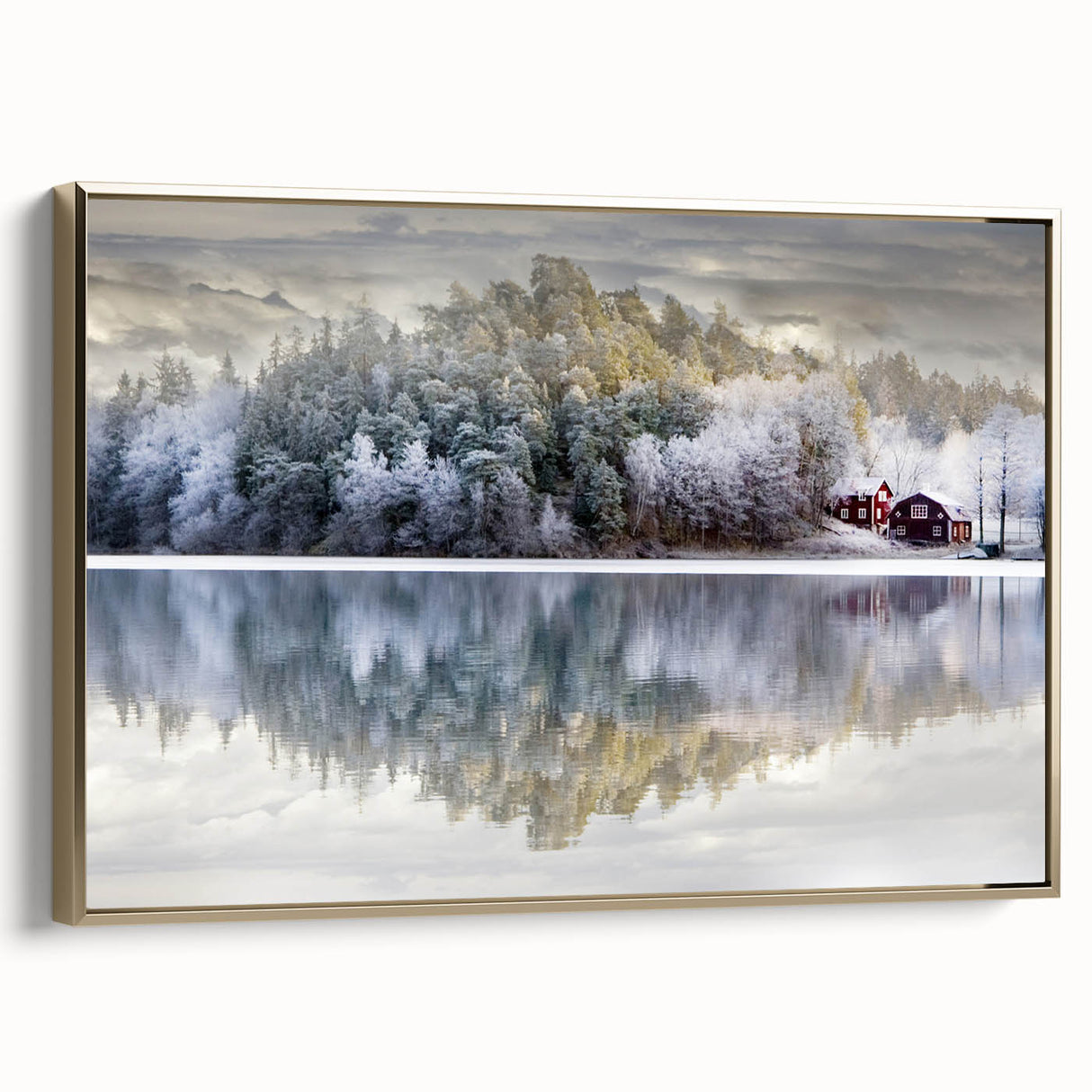 Framed canvas of a vintage-style Swedish landscape in muted gold and black tones, ideal for bedroom wall decor.