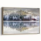 Framed canvas of a vintage-style Swedish landscape in muted gold and black tones, ideal for bedroom wall decor.