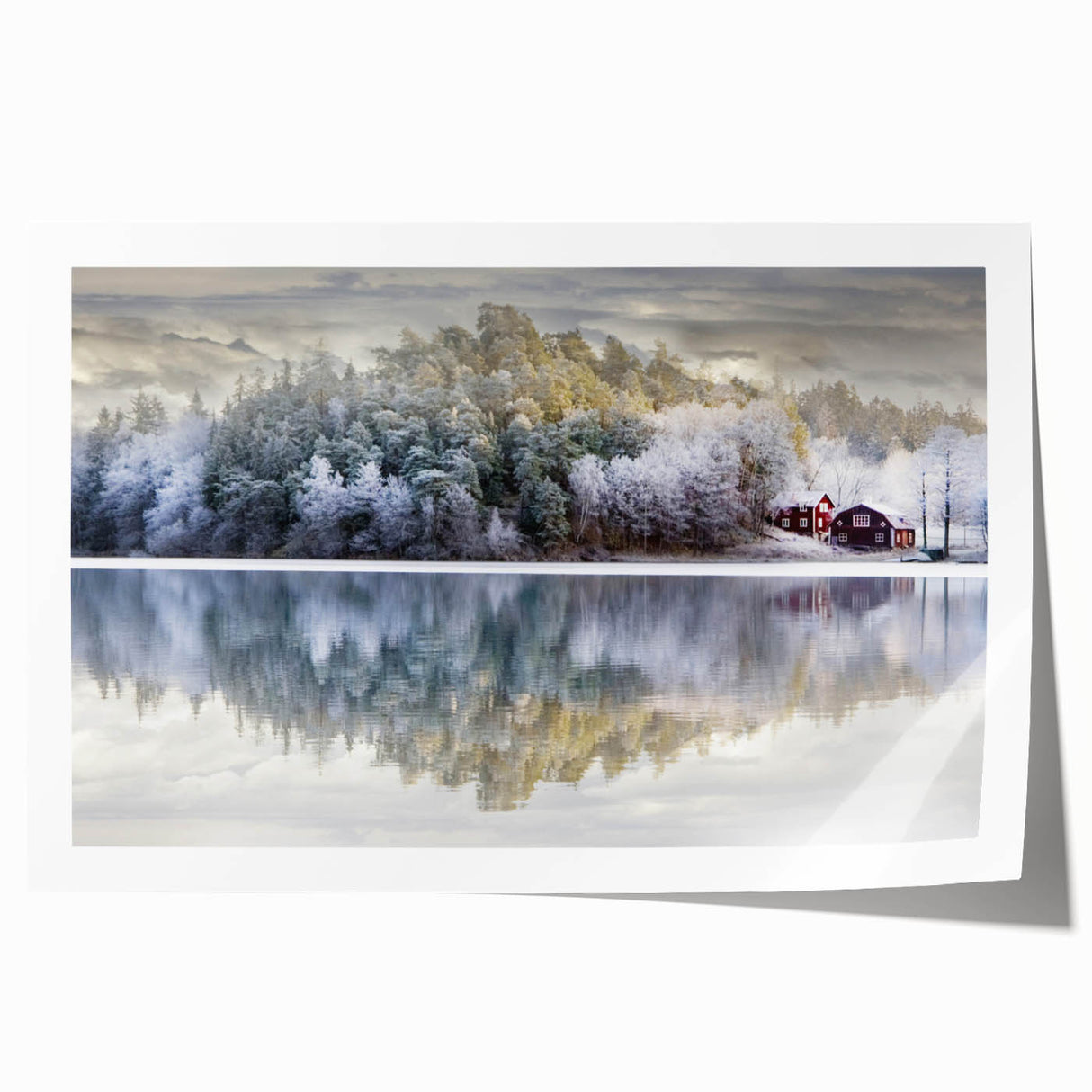 Extra large rolled print of a serene Swedish landscape with muted green and blue tones.