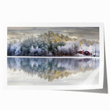 Extra large rolled print of a serene Swedish landscape with muted green and blue tones.