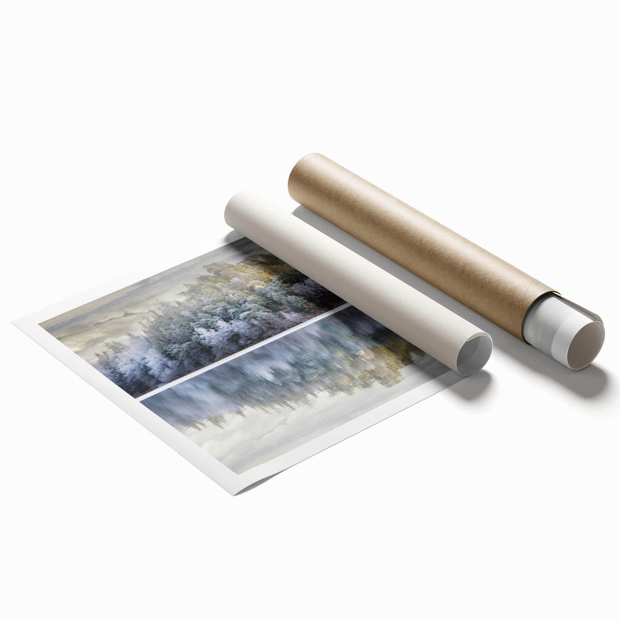 Extra large rolled print of a serene Swedish landscape, featuring muted green and blue tones.
