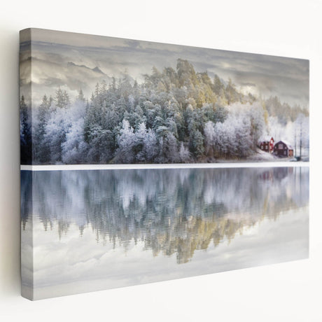 Side view of a stretched canvas featuring a serene Swedish landscape in muted green and blue tones.