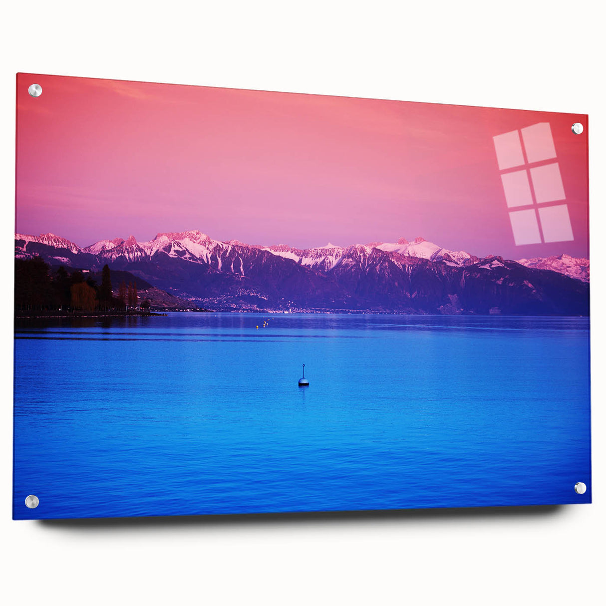 Acrylic print of Geneva scenery with muted blue and green tones, ideal for dining room decor.
