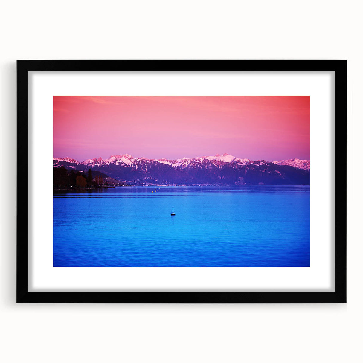 Extra large textured abstract art print of colorful Geneva scenery on a black framed canvas, ideal for living room decor.