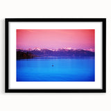 Extra large textured abstract art print of colorful Geneva scenery on a black framed canvas, ideal for living room decor.
