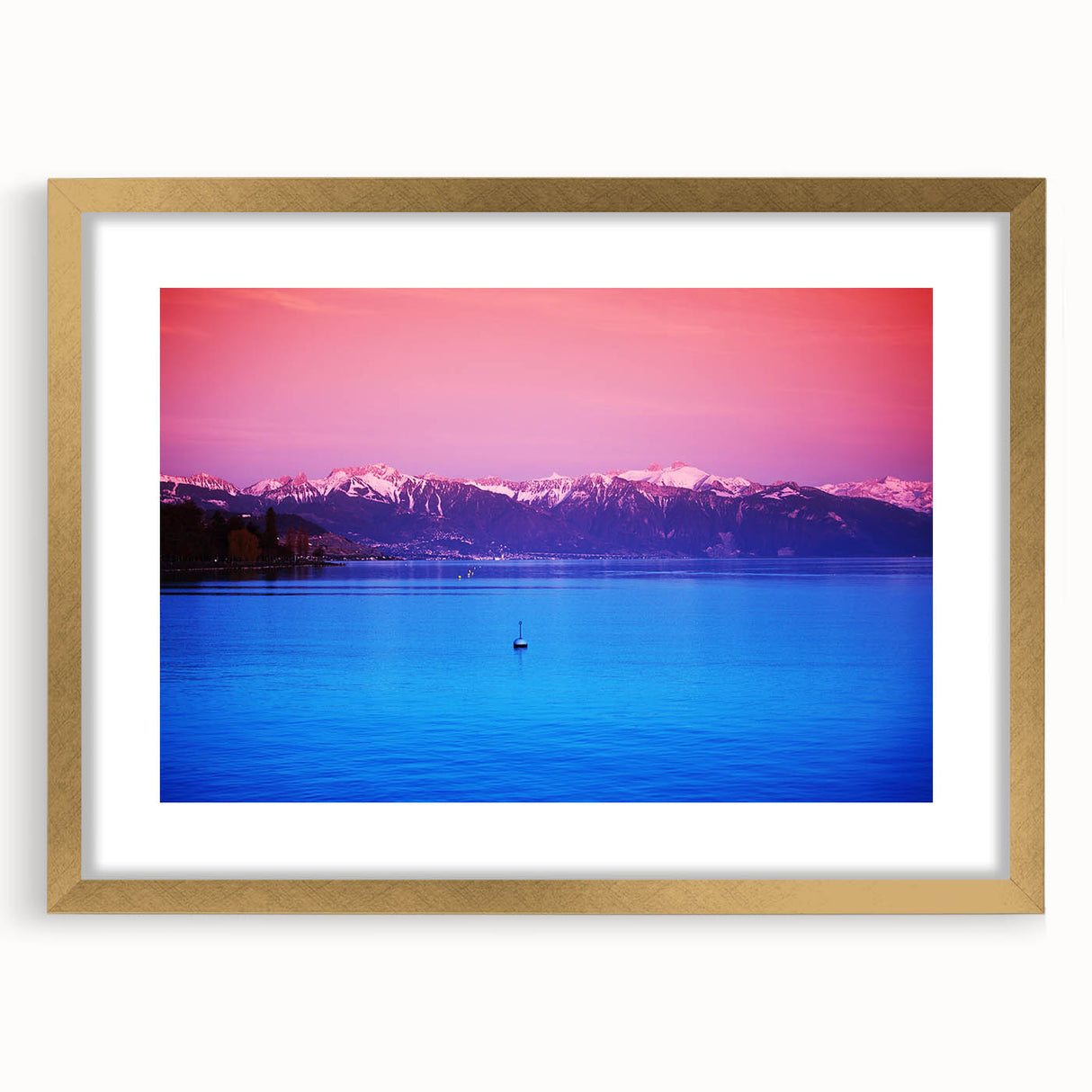 Extra large abstract art print of Geneva scenery in textured gold frame, ideal for living room decor.