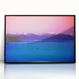 Large abstract wall art featuring Geneva's silhouette in muted gray and blue tones, acrylic print framed in black.