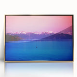 Large art print of Geneva scenery in mid-century modernist style, framed in gold acrylic, ideal for modern art wall decor.